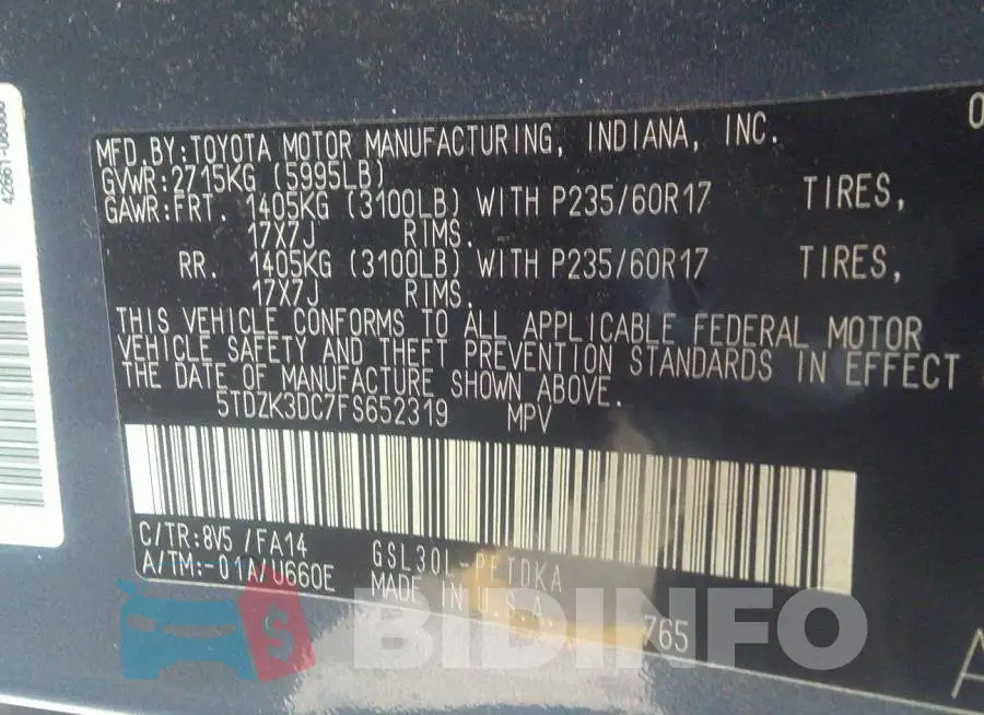 5TDZK3DC7FS652319 Photo# 9