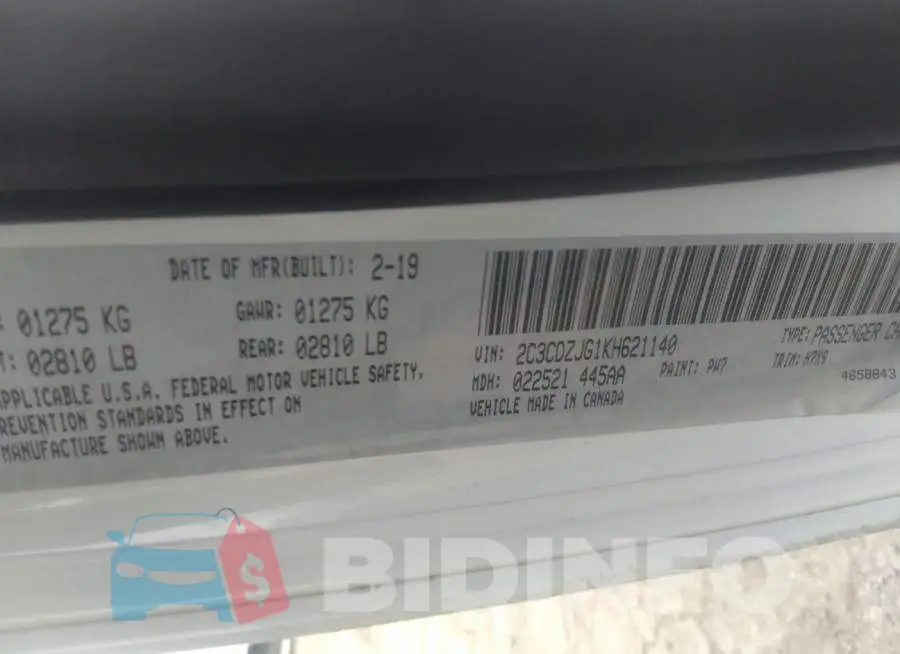 2C3CDZJG1KH621140 Photo# 9
