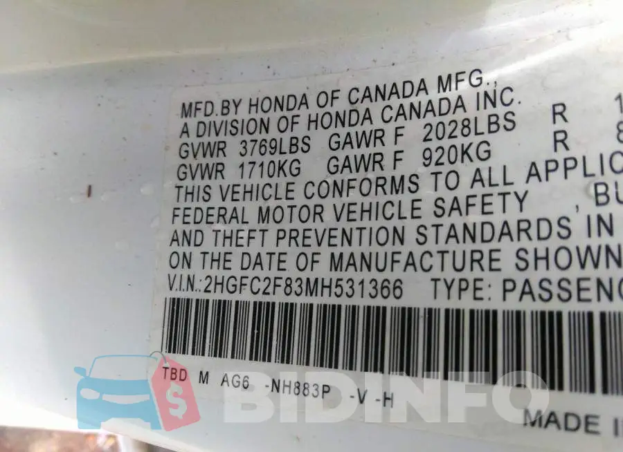 2HGFC2F83MH531366 Photo# 9