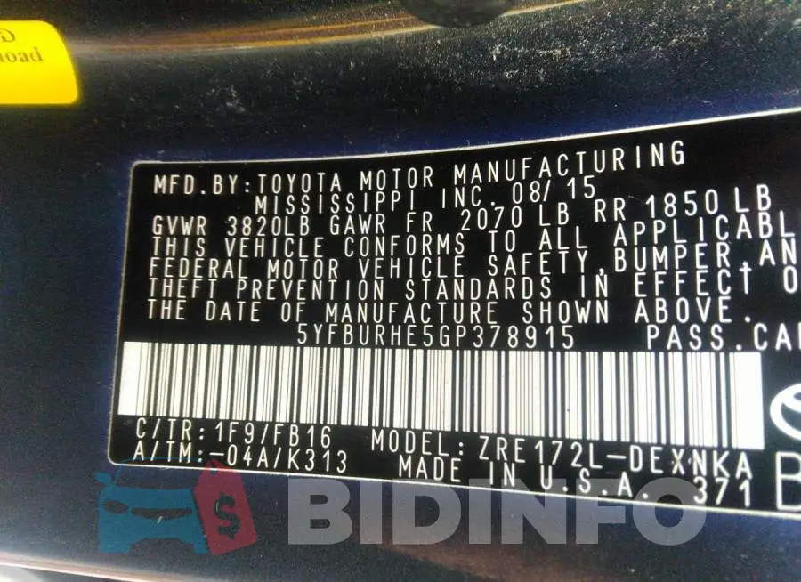 5YFBURHE5GP378915 Photo# 8