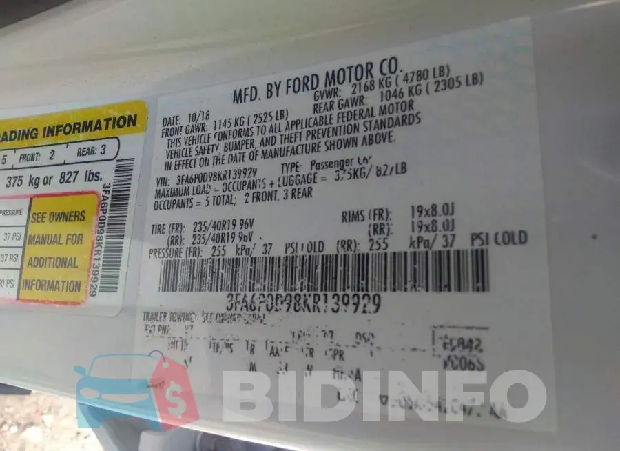 3FA6P0D98KR139929 Photo# 9