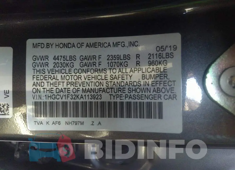 1HGCV1F32KA113923 Photo# 9