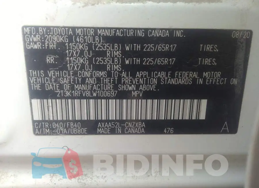 2T3K1RFV8LW100697 Photo# 9