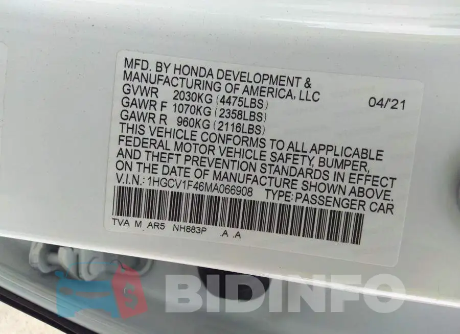 1HGCV1F46MA066908 Photo# 9