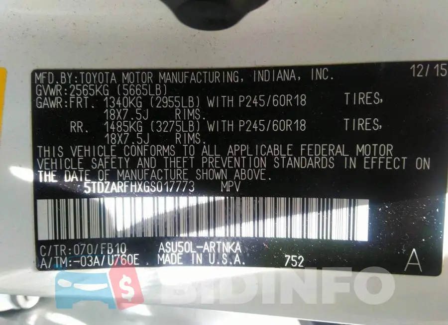 5TDZARFHXGS017773 Photo# 9