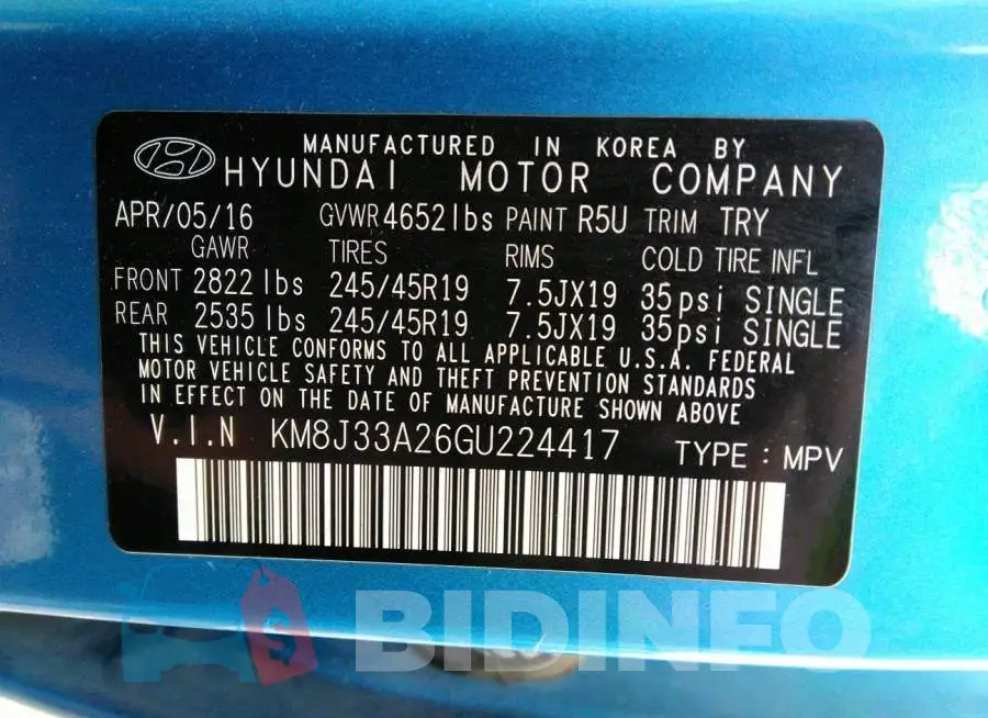 KM8J33A26GU224417 Photo# 9