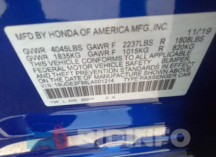 19UDE2F86LA001214 Photo# 9