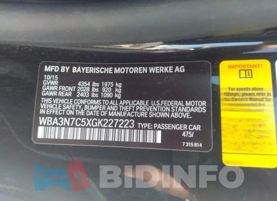 WBA3N7C5XGK227223 Photo# 9