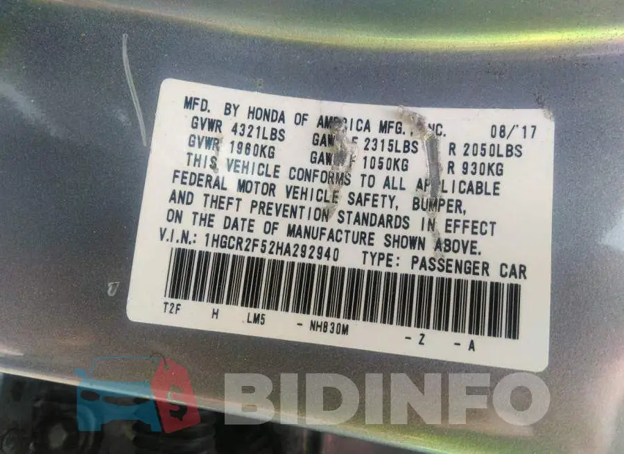 1HGCR2F52HA292940 Photo# 9