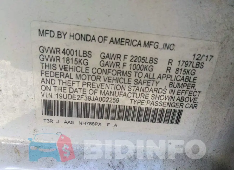 19UDE2F39JA002259 Photo# 9