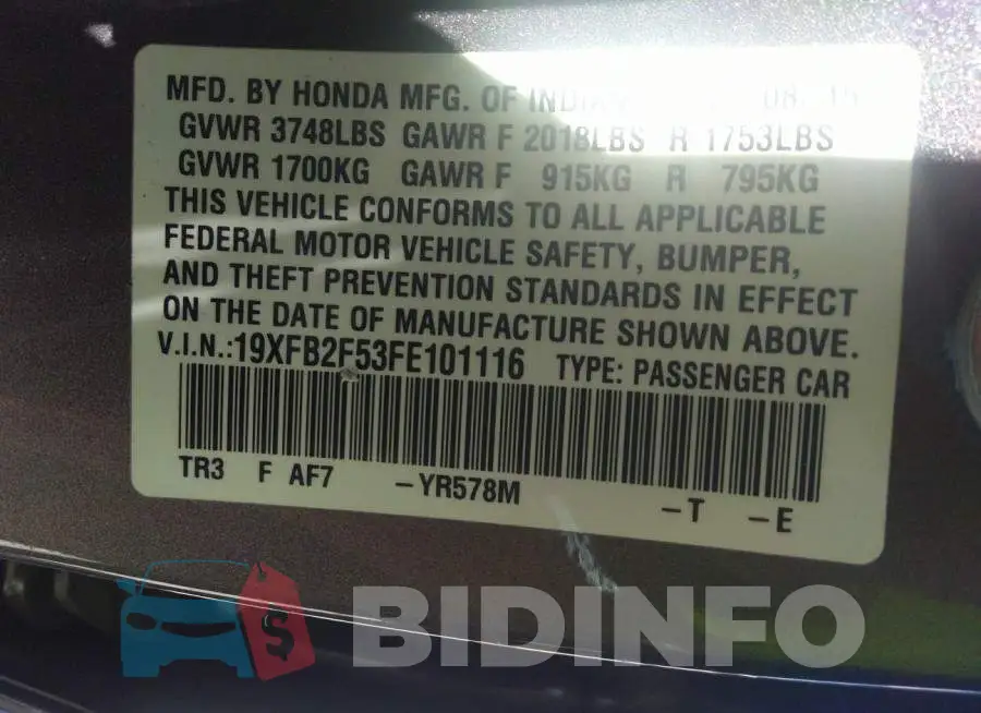 19XFB2F53FE101116 Photo# 9