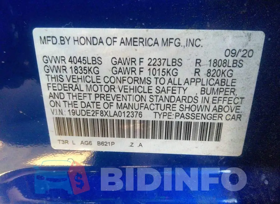 19UDE2F8XLA012376 Photo# 9