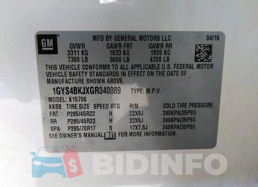 1GYS4BKJXGR340089 Photo# 9