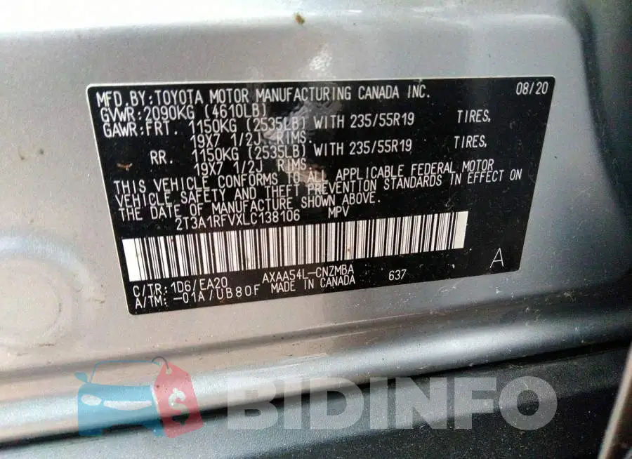 2T3A1RFVXLC138106 Photo# 9