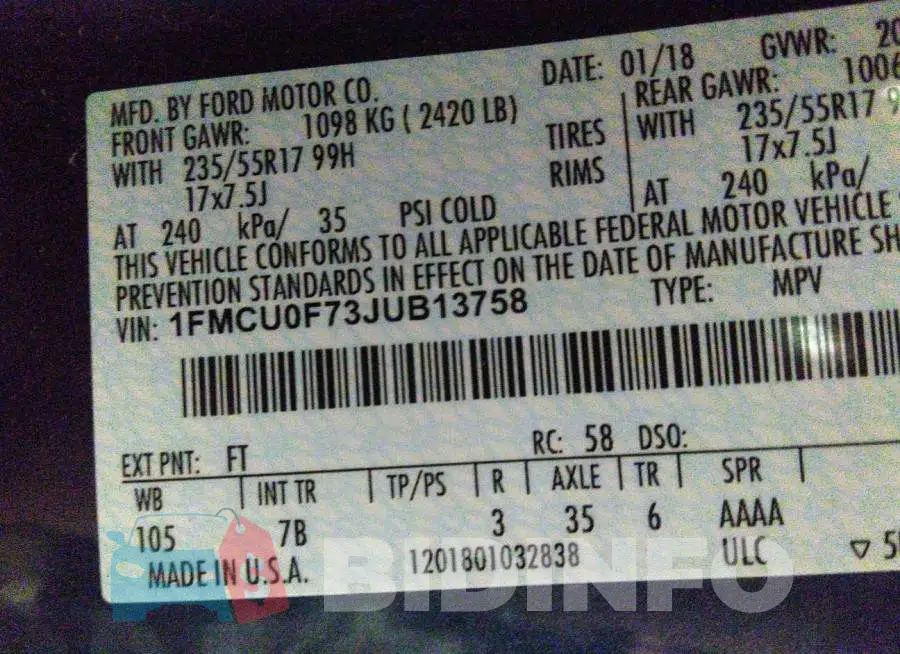 1FMCU0F73JUB13758 Photo# 9