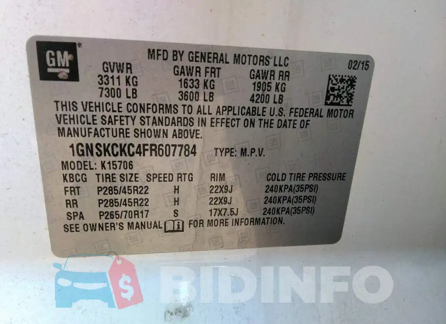 1GNSKCKC4FR607784 Photo# 9