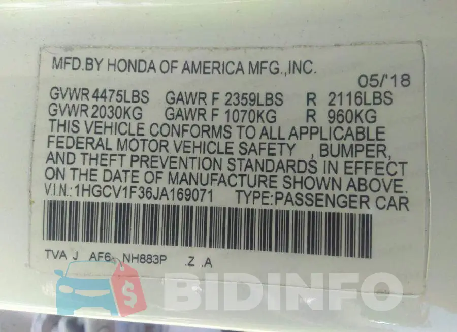 1HGCV1F36JA169071 Photo# 9