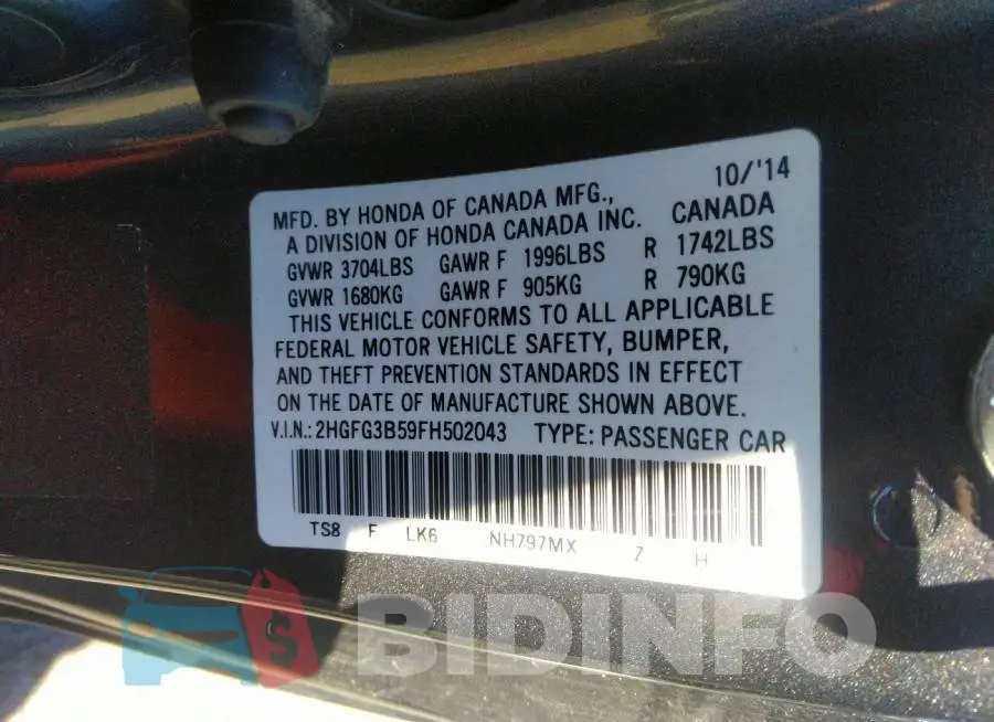 2HGFG3B59FH502043 Photo# 9