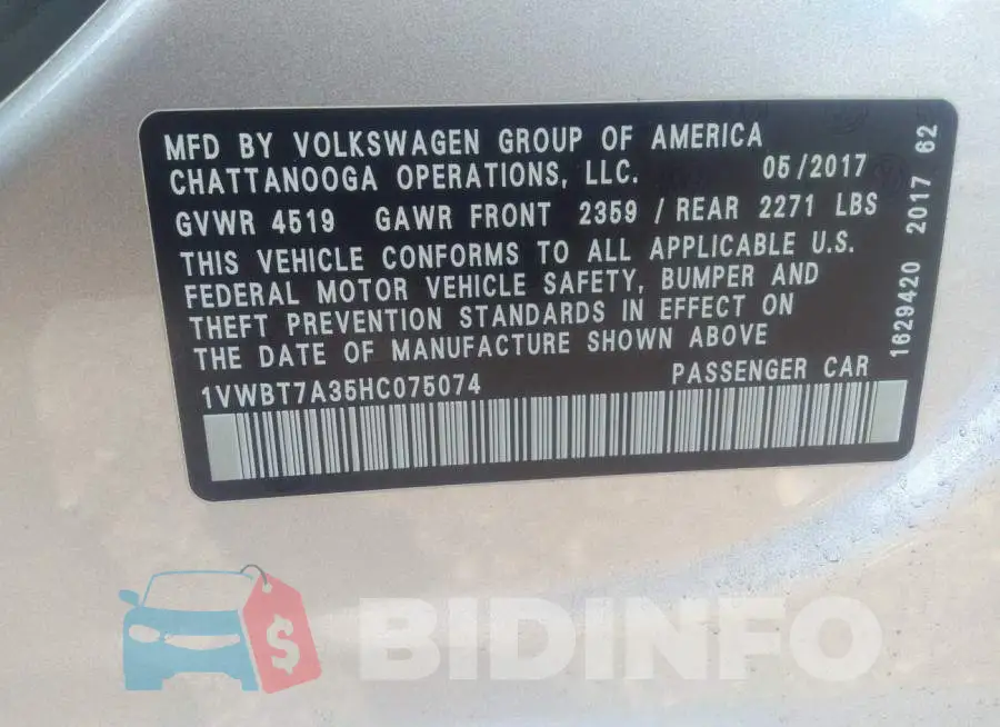 1VWBT7A35HC075074 Photo# 9