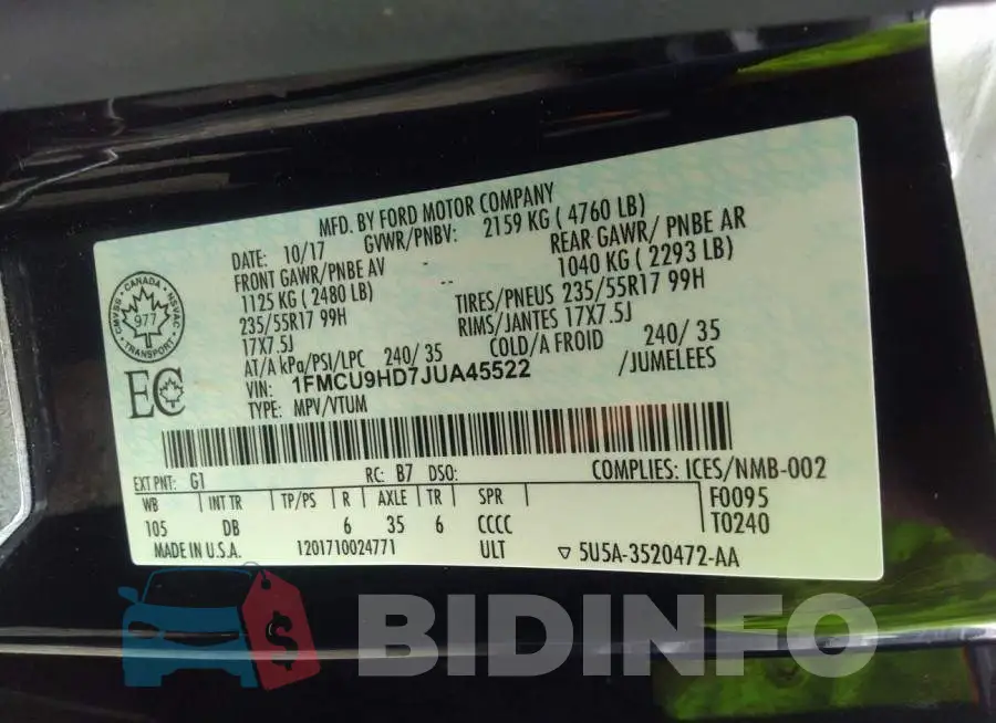 1FMCU9HD7JUA45522 Photo# 9