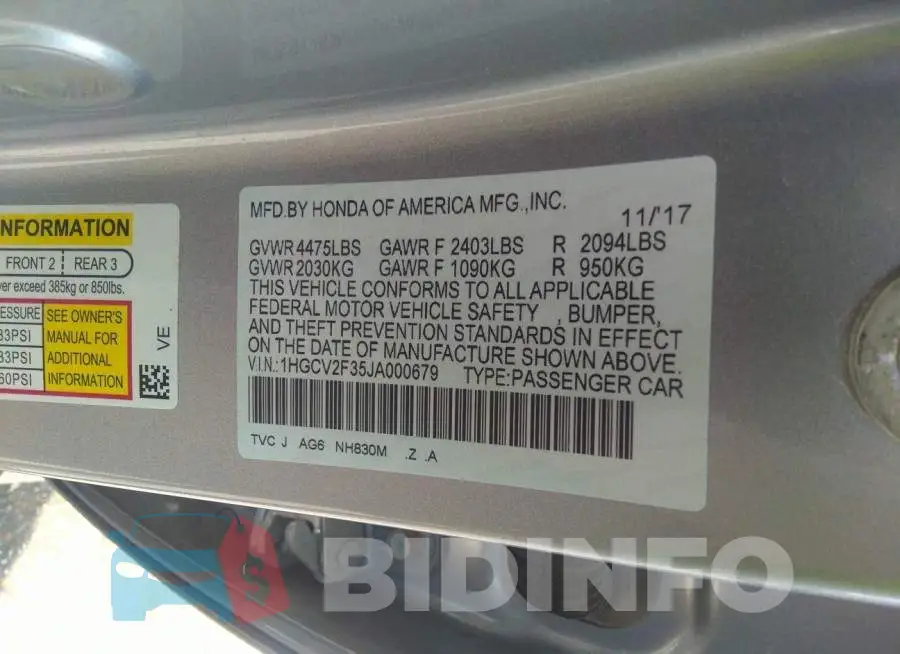 1HGCV2F35JA000679 Photo# 9