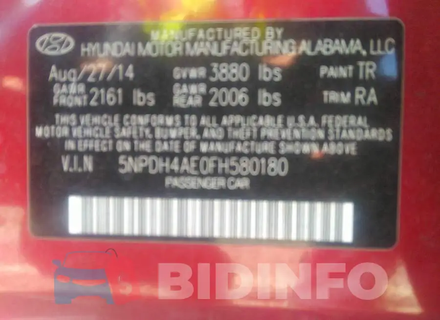 5NPDH4AE0FH580180 Photo# 9