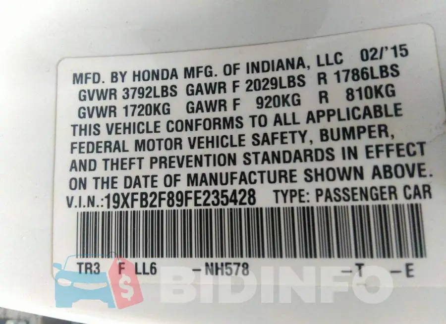 19XFB2F89FE235428 Photo# 9