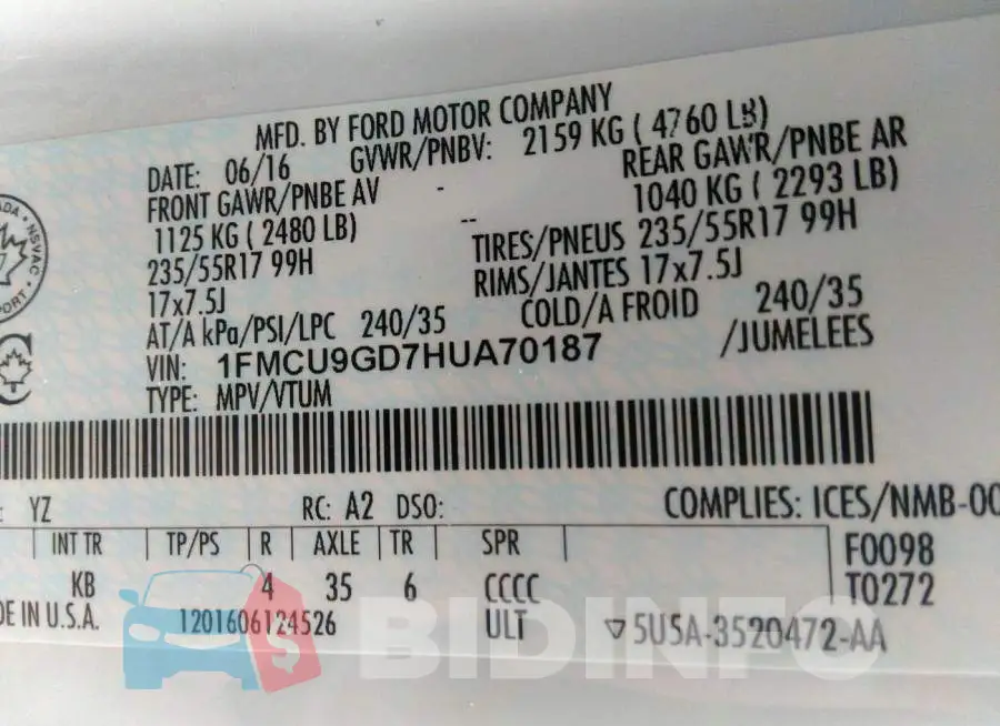 1FMCU9GD7HUA70187 Photo# 9