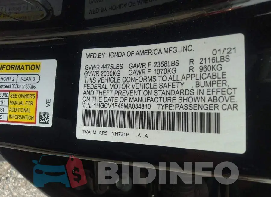 1HGCV1F45MA034810 Photo# 9