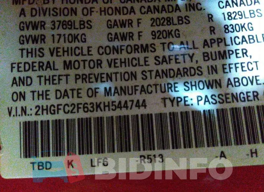 2HGFC2F63KH544744 Photo# 9