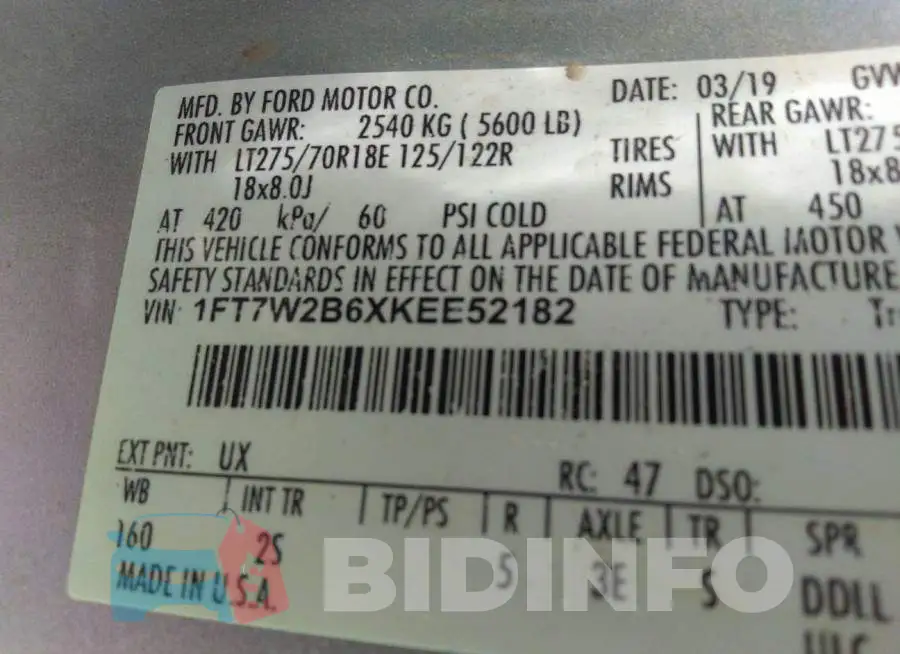 1FT7W2B6XKEE52182 Photo# 9