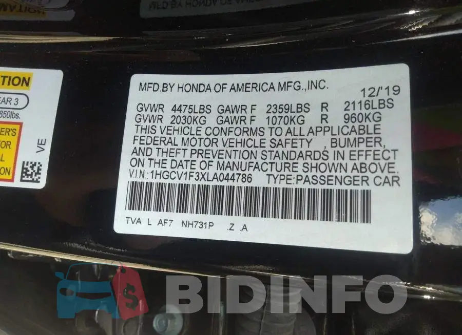 1HGCV1F3XLA044786 Photo# 9