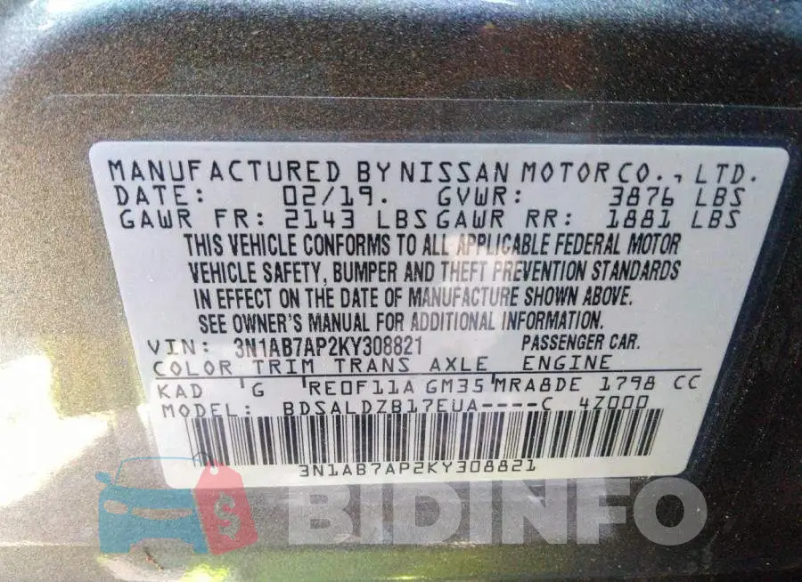 3N1AB7AP2KY308821 Photo# 9
