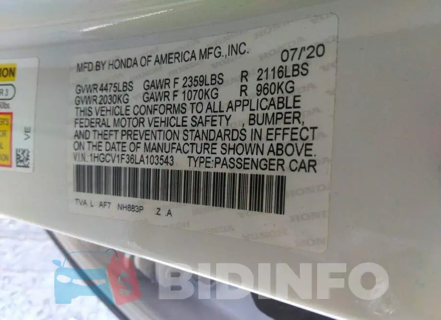 1HGCV1F36LA103543 Photo# 9