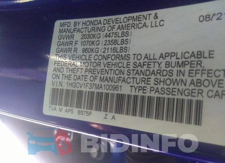1HGCV1F37MA100961 Photo# 9