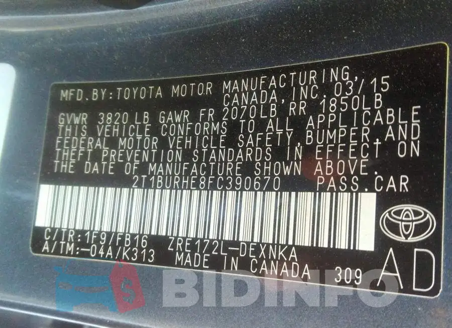 2T1BURHE8FC390670 Photo# 9