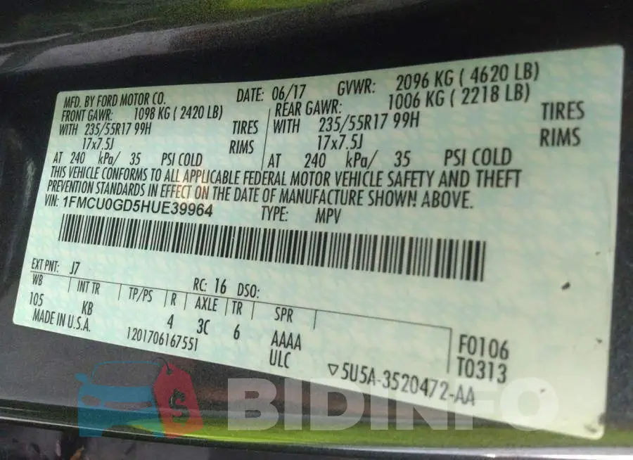 1FMCU0GD5HUE39964 Photo# 9