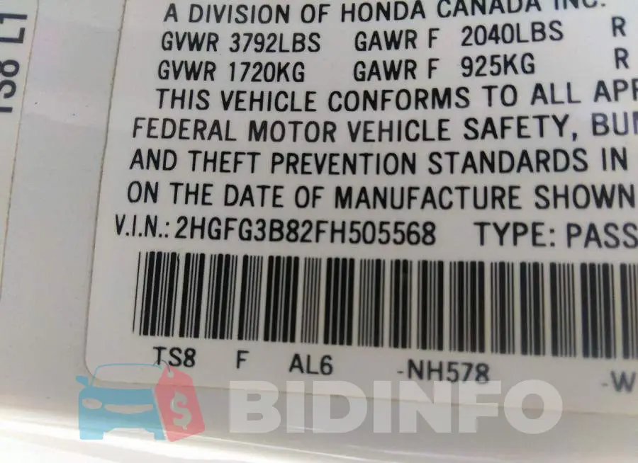 2HGFG3B82FH505568 Photo# 9