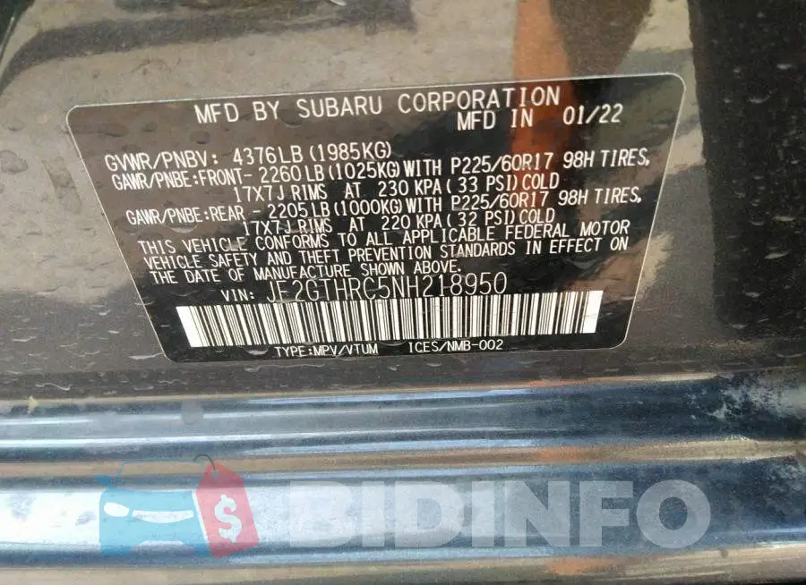 JF2GTHRC5NH218950 Photo# 9