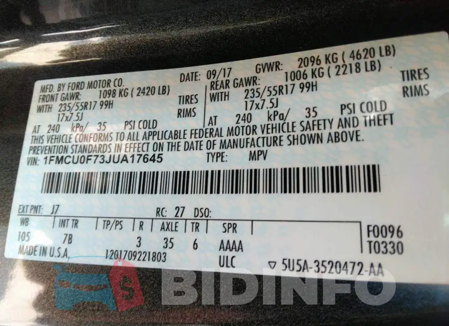 1FMCU0F73JUA17645 Photo# 9