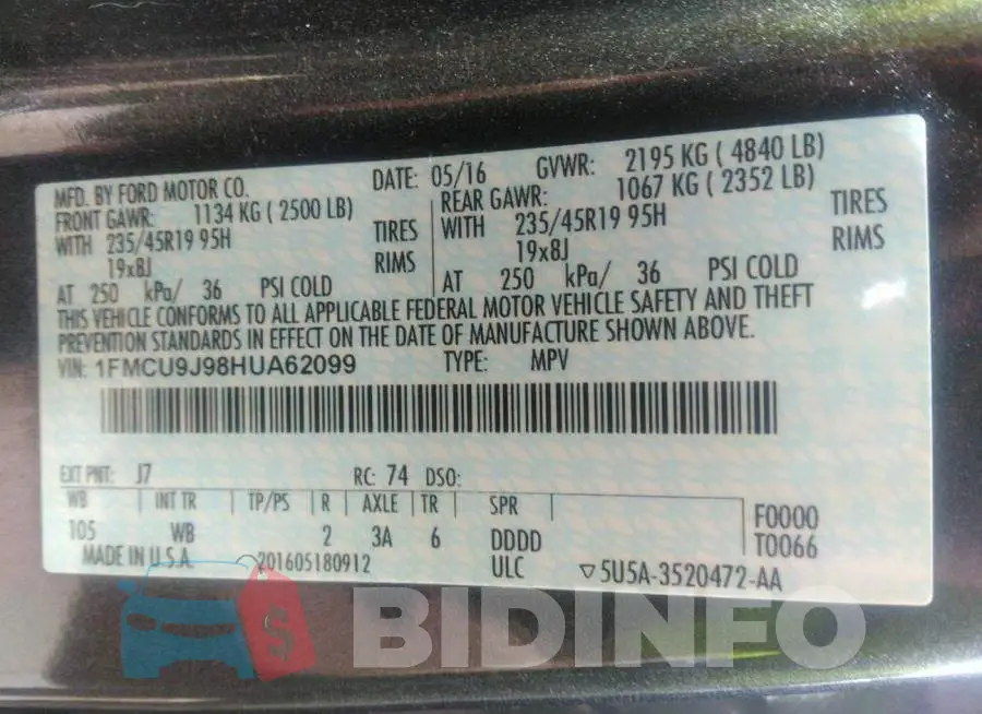1FMCU9J98HUA62099 Photo# 9