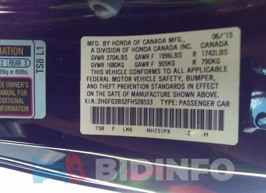 2HGFG3B52FH528533 Photo# 9
