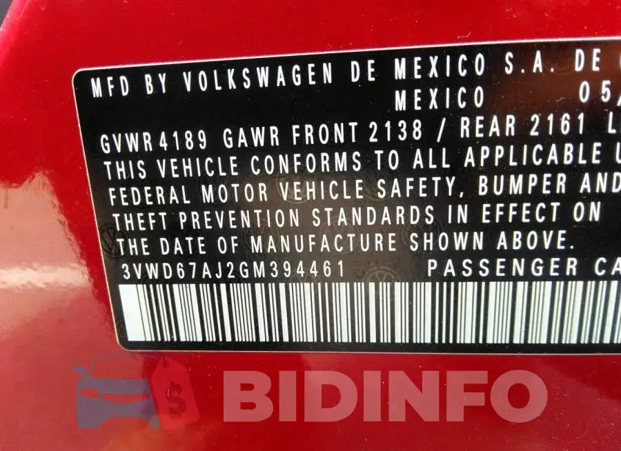 3VWD67AJ2GM394461 Photo# 9