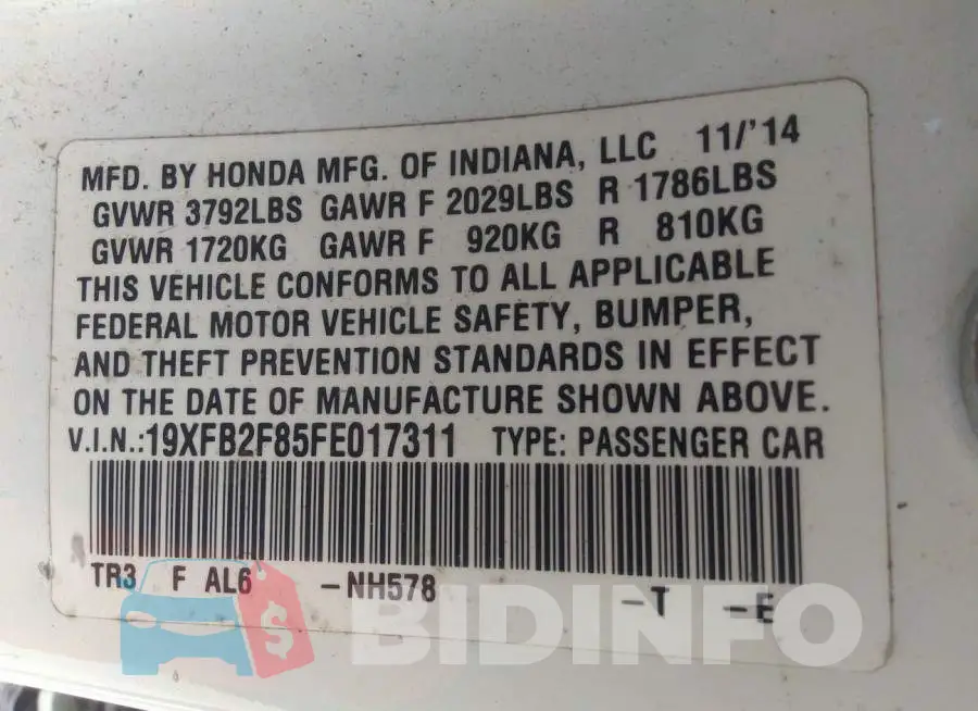 19XFB2F85FE017311 Photo# 9