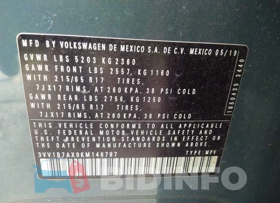 3VV1B7AX9KM146787 Photo# 9