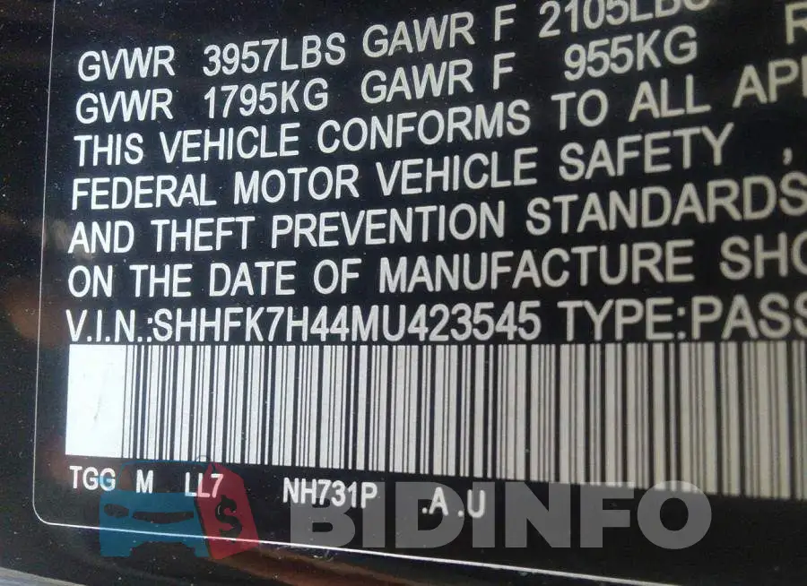 SHHFK7H44MU423545 Photo# 9