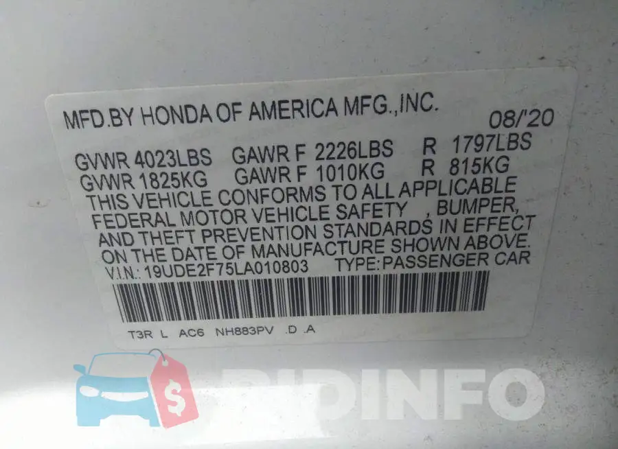 19UDE2F75LA010803 Photo# 9