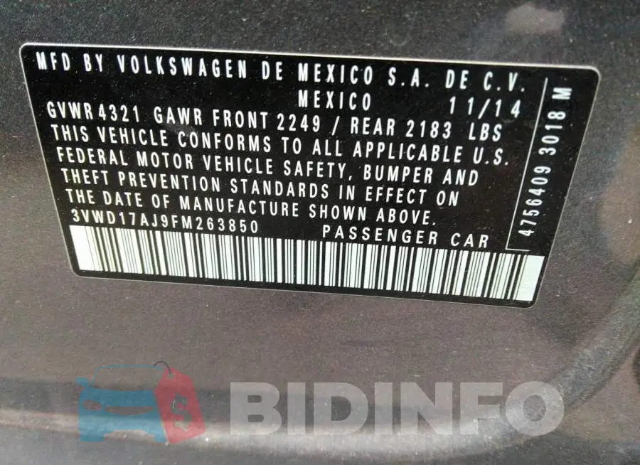 3VWD17AJ9FM263850 Photo# 9
