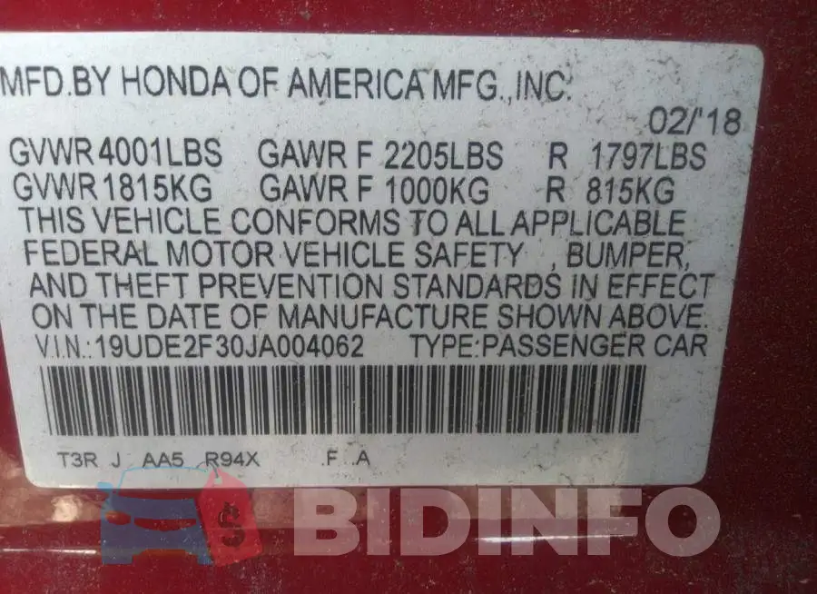 19UDE2F30JA004062 Photo# 9