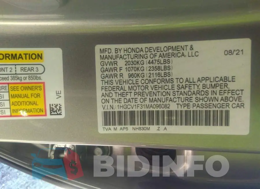 1HGCV1F31MA096082 Photo# 9